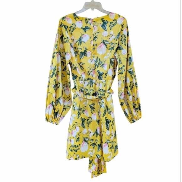 NY & Co Floral-Print Balloon-Sleeve Belted Dress NWT Yellow - Picture 5 of 7